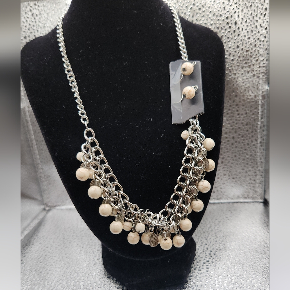 Necklace, Silver and Cream Beaded W/ Earrings